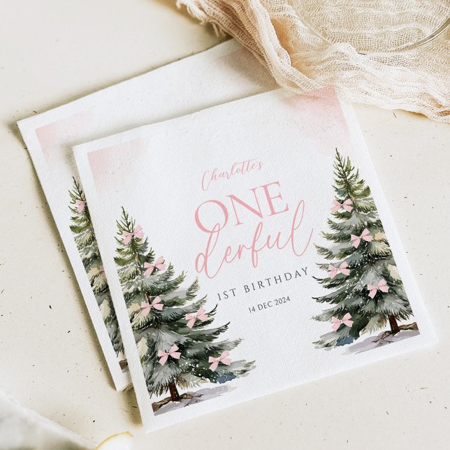 Onederland Winter Pink Bow 1st Birthday Napkins (Creator Uploaded)