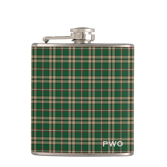 O'Neill Tartan Monogram Green and Tan Plaid Flask (Front)