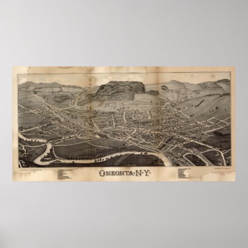Oneonta New York 1884 Antique Panoramic Map Poster