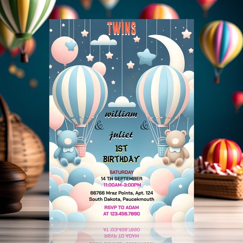 ones joint bear Hot Air Balloon Twins 1st Birthday Invitation