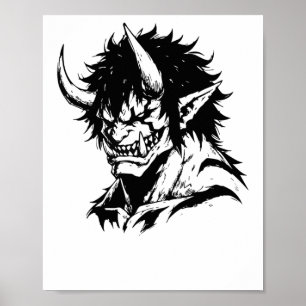 Oni Yokai Japanese Outline Portrait Sticker  Poster