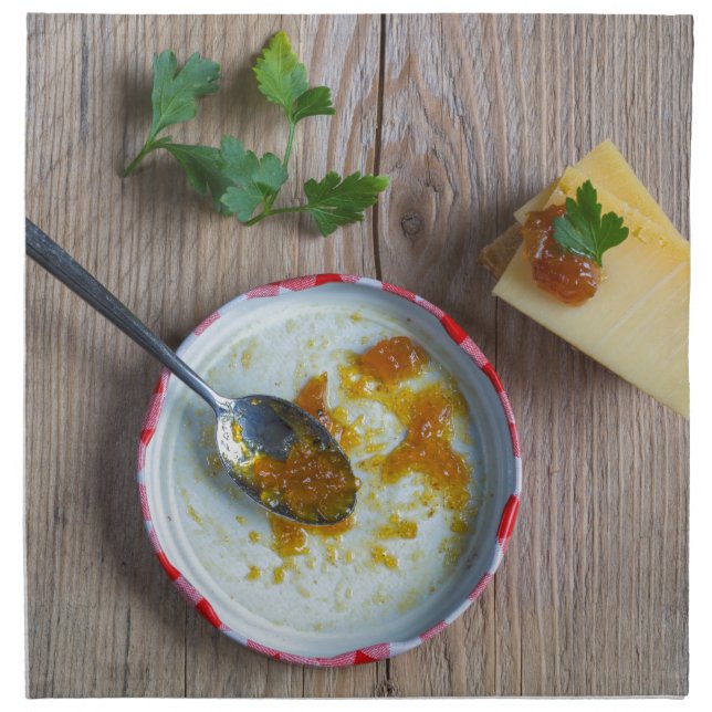 Onion pineapple chutney on rustic wood napkin (Front)