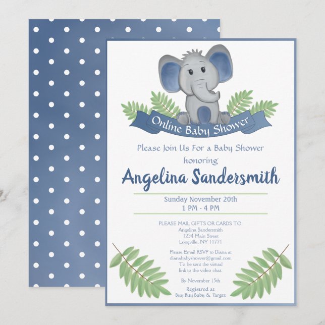 Online Baby Shower By Mail Blue Boy Elephant Invitation (Front/Back)