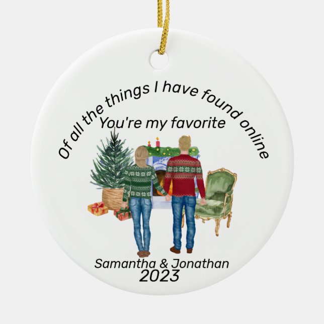 Online Dating Couple Blonde Newlyweds Ceramic Ornament (Front)