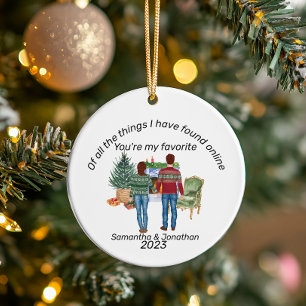 Online Dating Couple Brown Hair Newlyweds Ceramic Ornament