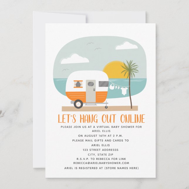 Online Orange Beach Camper Virtual Baby Shower Invitation (Front)