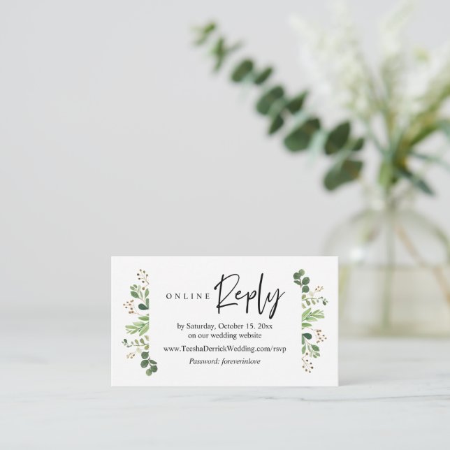 Online RSVP, Modern Minimalist Greenery  Enclosure Card (Standing Front)