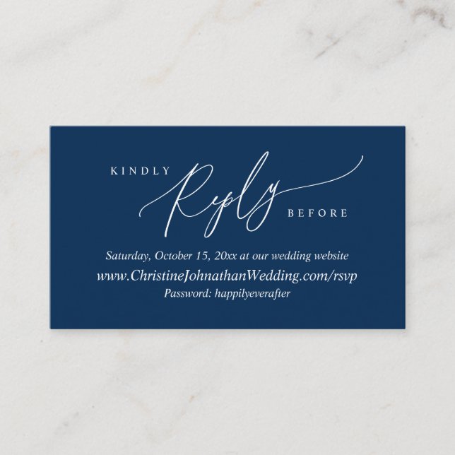 Online RSVP, Modern Simple Navy Blue script Enclos Enclosure Card (Front)