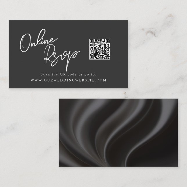 Online RSVP QR Code black satin website Business Card (Front/Back)