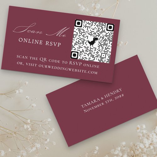 Online RSVP QR Code Burgundy Wedding Website Enclosure Card