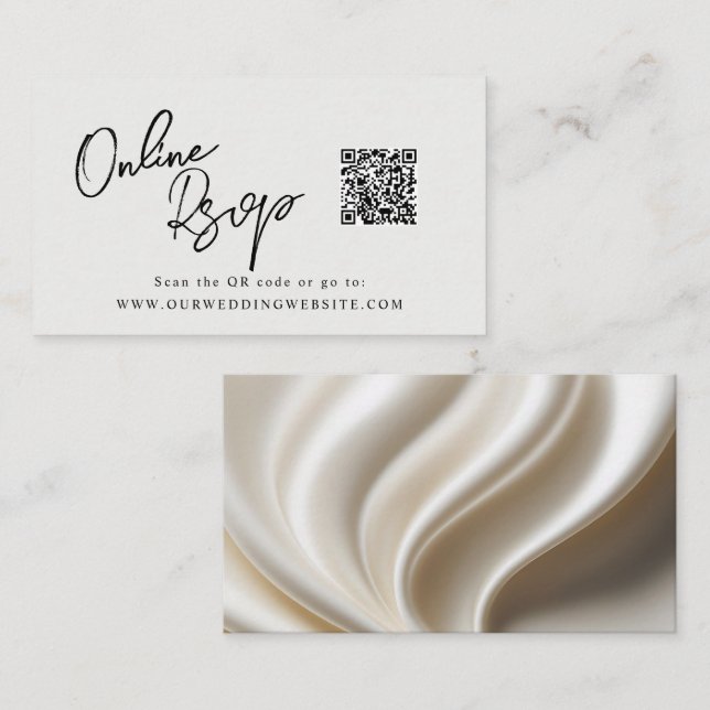 Online RSVP QR Code ivory white satin website Business Card (Front/Back)