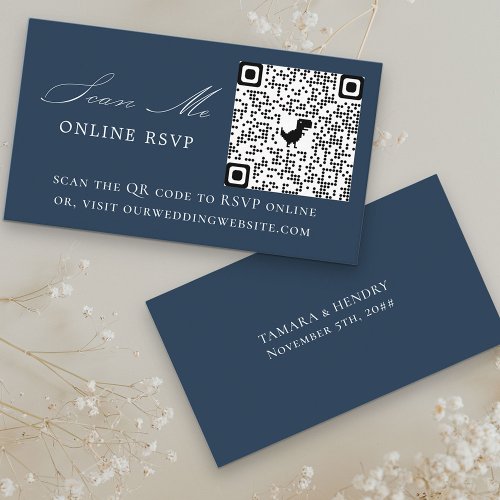 Online RSVP QR Code Navy Blue Wedding Website Enclosure Card