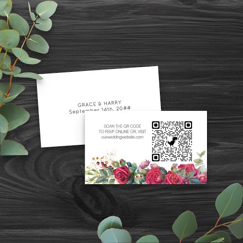Online RSVP QR Code Red Rose Wedding Website Enclosure Card