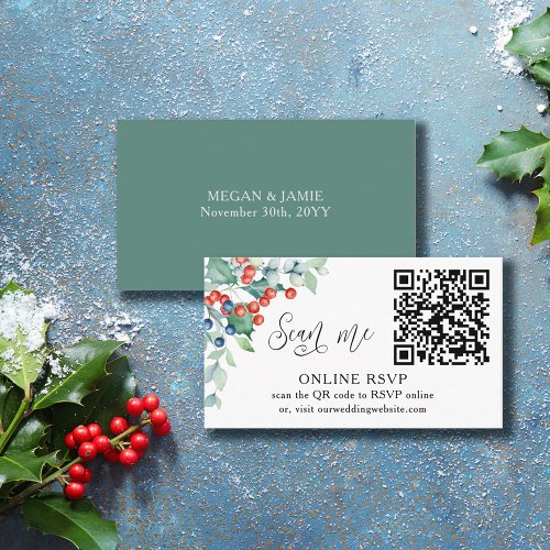 Online RSVP QR Code Winter Berries Wedding Website Enclosure Card