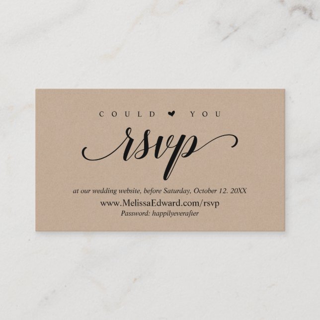 Online RSVP website, Rustic Brown Kraft Enclosure Card (Front)