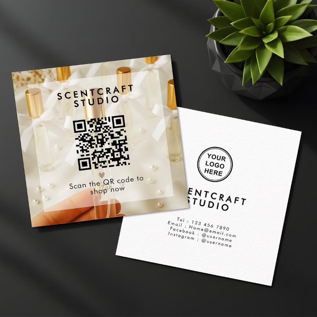 Online Shop Modern Photo Overlay QR Code Square Square Business Card (Creator Uploaded)
