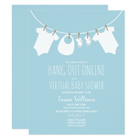 Online Virtual Baby Shower Clothesline Blue Invitation