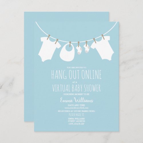 Online Virtual Baby Shower Clothesline Blue Invitation