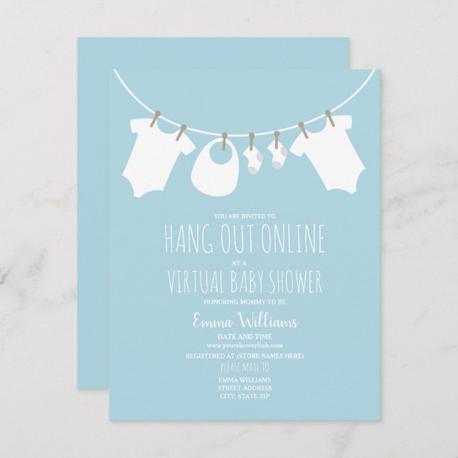 Online Virtual Baby Shower Clothesline Blue Invitation (Front/Back)