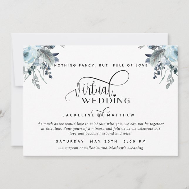 Online Virtual Wedding Blue, White and Gray Floral Save The Date (Front)