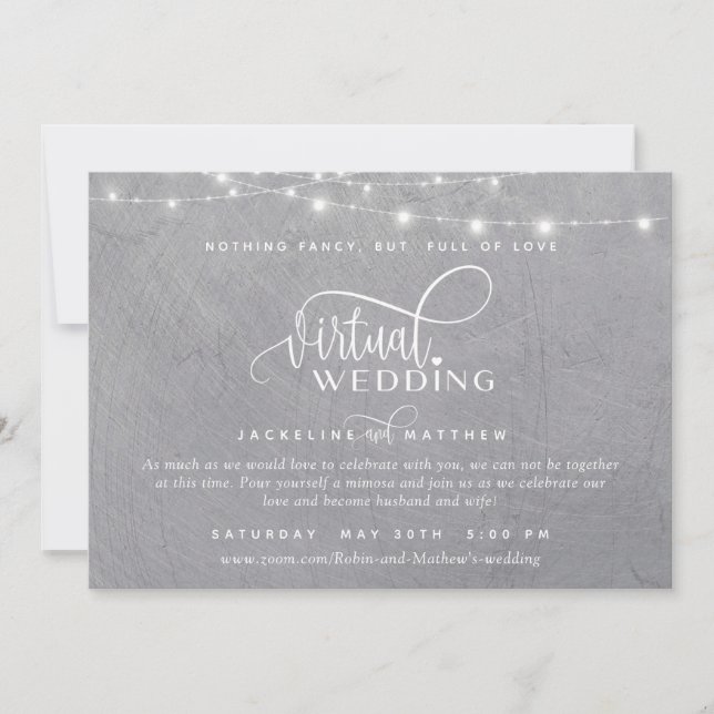 Online Virtual Wedding Gray Silver, String Lights Save The Date (Front)