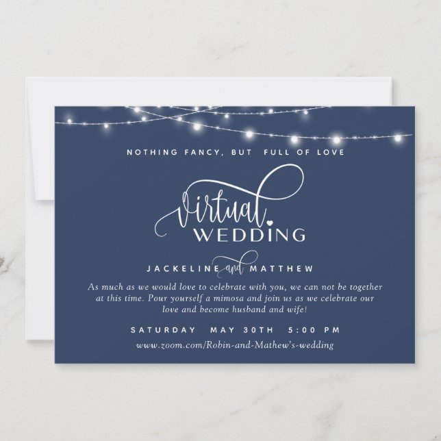Online Virtual Wedding Navy Blue, String Lights Save The Date (Front)