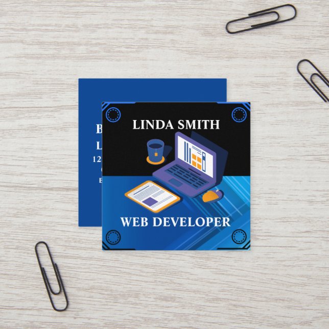 Online Web Developer Social Media Manager Blue   Square Business Card (Front/Back In Situ)