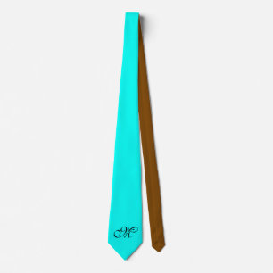 Only Color Background - turquoise brown + monogram Tie