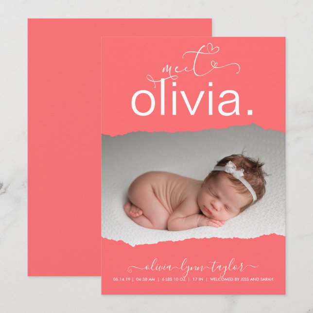 OnTrend CORAL  Photo Torn Paper Birth Announcement (Front/Back)