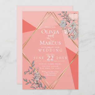 OnTrend Wedding Coral Floral Geometric Gold Frame Invitation