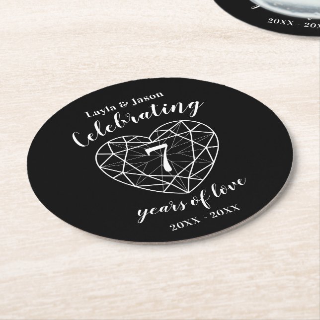 Onyx black anniversary 7 years personalized round paper coaster (Angled)