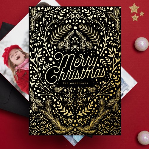 Onyx Black Gold Foliage  Berries Merry Christmas Foil Holiday Card