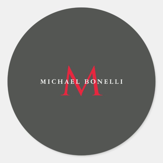 Onyx Black Red Monogram Modern Minimalist Classic Round Sticker (Front)