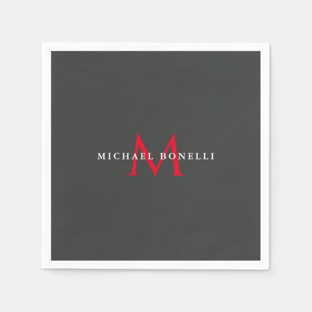 Onyx Black Red Monogram Modern Minimalist Napkins (Front)