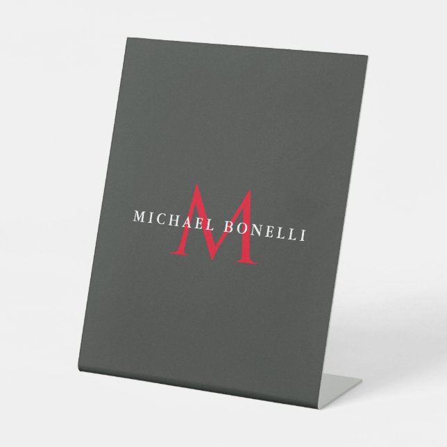 Onyx Black Red Monogram Modern Minimalist Pedestal Sign (Front)