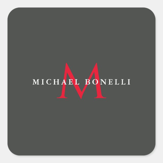 Onyx Black Red Monogram Modern Minimalist Square Sticker (Front)