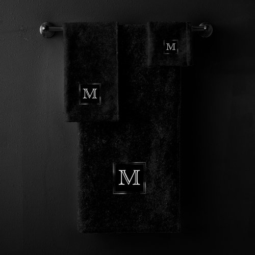 Onyx Black Velvet  Chalkboard Grunge Monogram Bath Towel Set