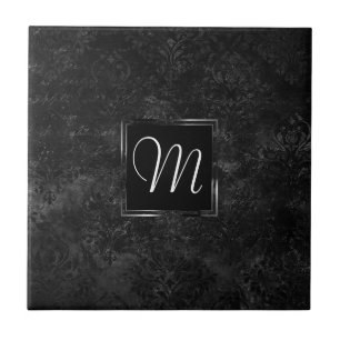 Onyx Black Velvet   Chalkboard Grunge Monogram Ceramic Tile