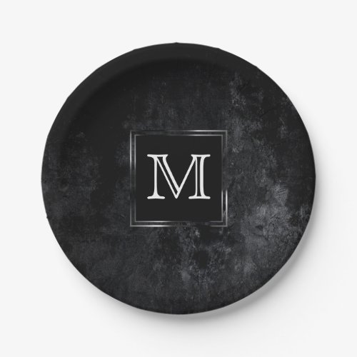 Onyx Black Velvet  Chalkboard Grunge Monogram Paper Plates