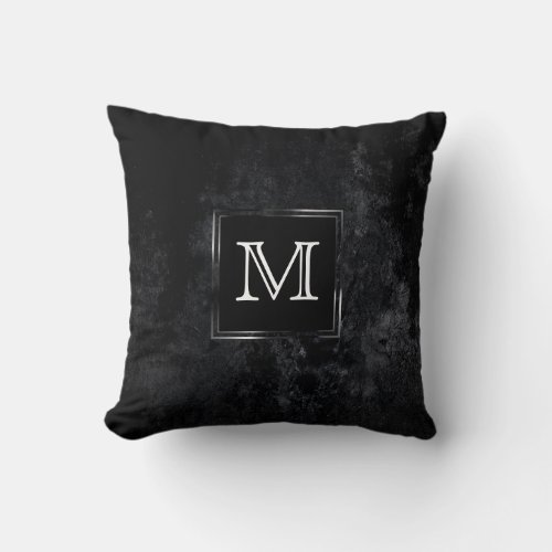 Onyx Black Velvet  Chalkboard Grunge Monogram Throw Pillow