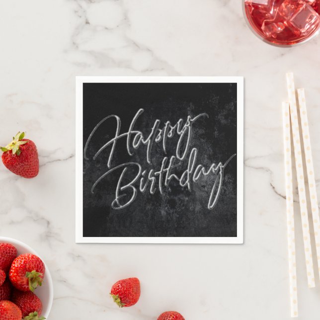 Onyx Black Velvet | Grunge Happy Birthday Script Paper Napkins (Insitu)