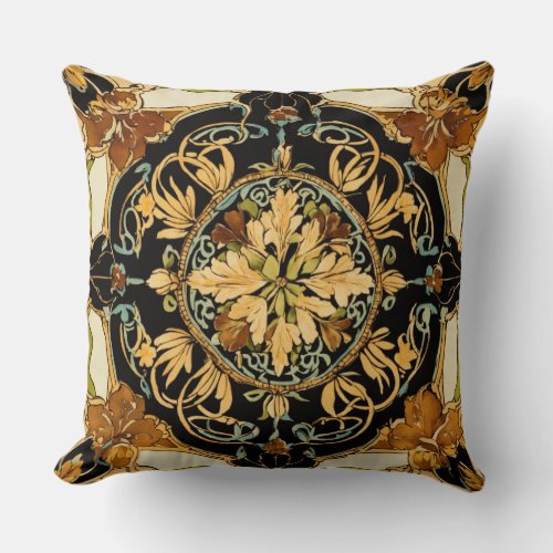 Onyx Bloom Art Nouveau Floral Print with Tiled Mo Throw Pillow