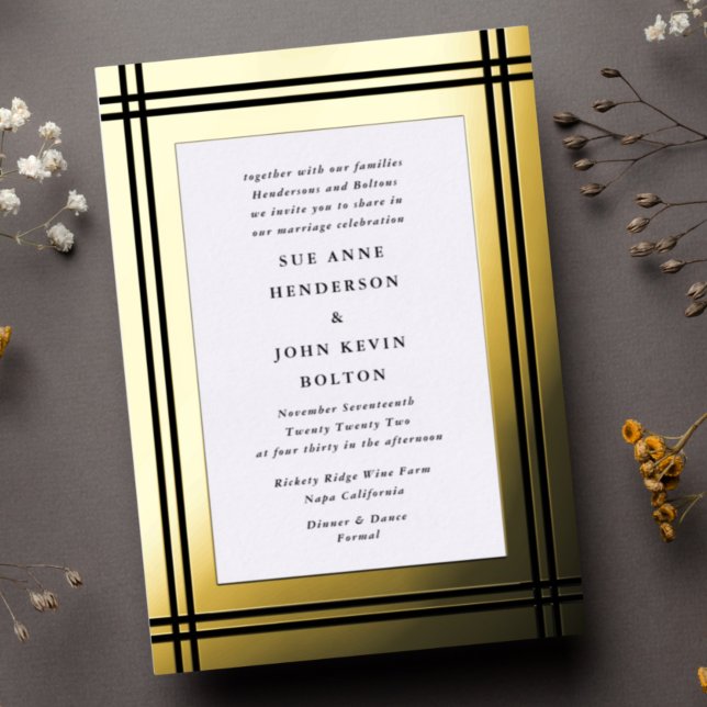 Onyx Border Yellow Real Gold Frame Wedding Foil Invitation (Creator Uploaded)