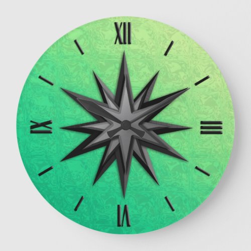 Onyx compass rose _ peridot green background large clock