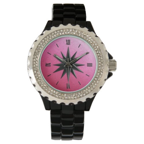 Onyx compass rose _ rose quartz background watch