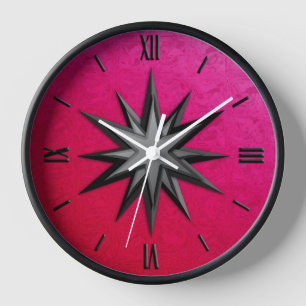 Onyx compass rose - ruby glass background wall clock