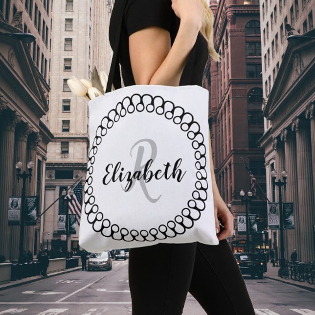 Onyx Decorative Circle Personalize Monogram Tote Bag (Onyx Decorative Monogram Tote Bag)