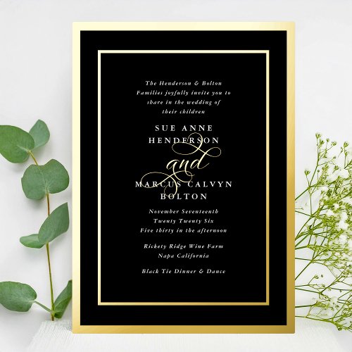 Onyx Formal Calligraphy Golden Frames Wedding Foil Invitation