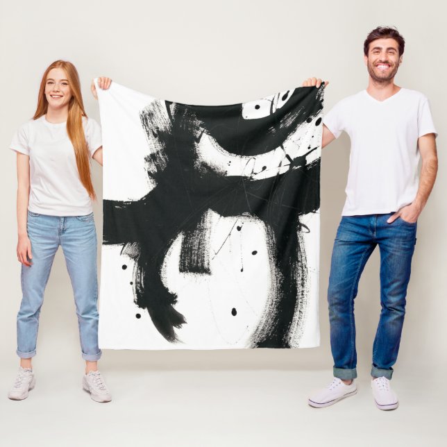 Onyx Gesture - Black Paint Strokes Fleece Blanket (In Situ)