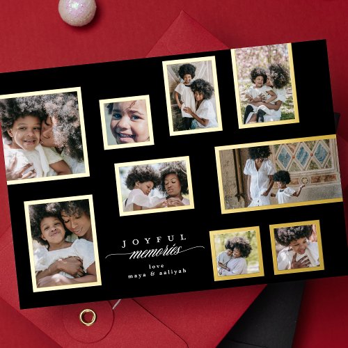 Onyx Photo Collage Frames Modern Joyful Moments Foil Holiday Card